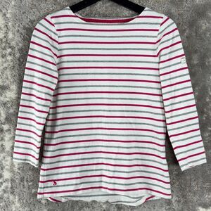 Joules Womens Size 4 Striped 100% Cotton Shirt 3/4 Sleeve Embroidered Round Neck